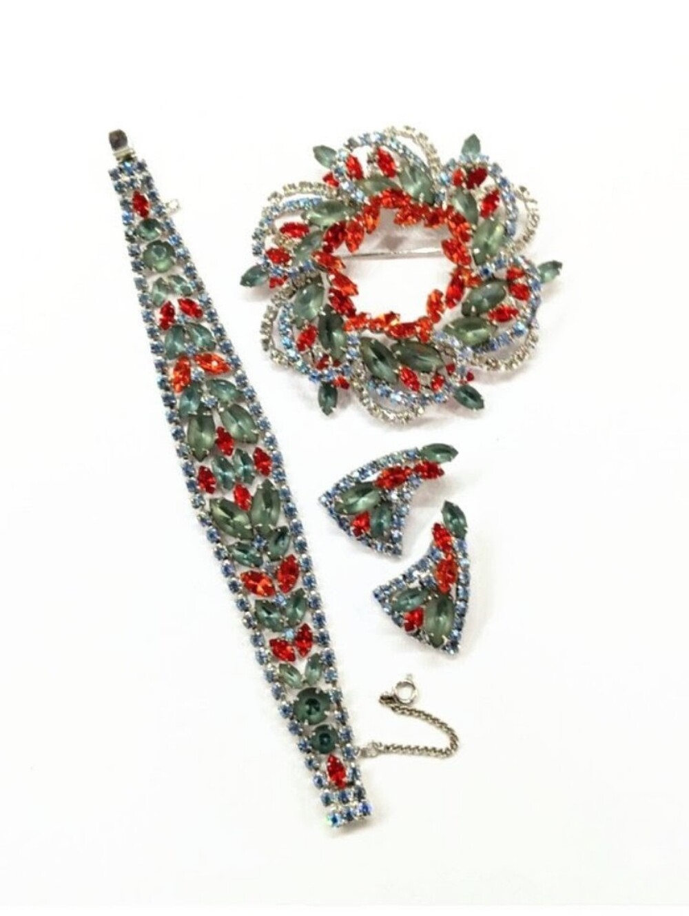 Vintage Demi Parure Rhinestone Bracelet Brooch Earrings Set Stunning